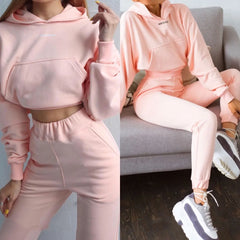 New Tracksuit Women Elegant Solid Suits Fleece Warm Hoodies