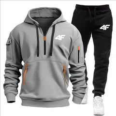 Men's tracksuit zipper hood multi-pocket and protective pants