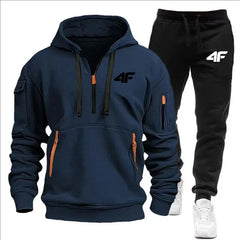 Men's tracksuit zipper hood multi-pocket and protective pants