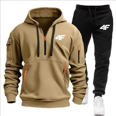 Men's tracksuit zipper hood multi-pocket and protective pants