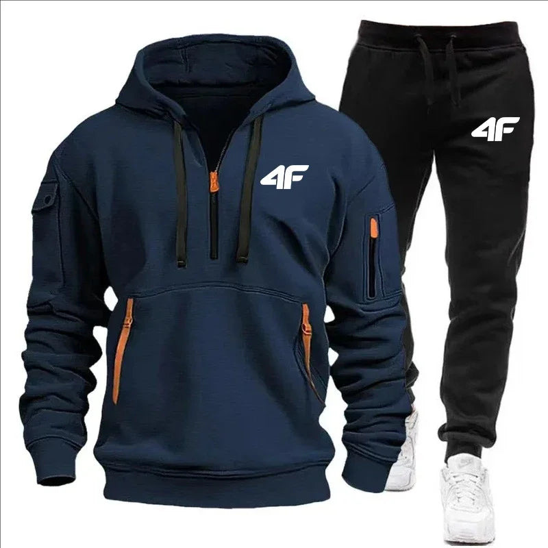 Men's tracksuit zipper hood multi-pocket and protective pants