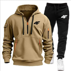 Men's tracksuit zipper hood multi-pocket and protective pants