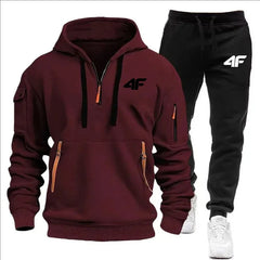 Men's tracksuit zipper hood multi-pocket and protective pants