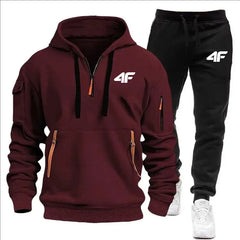 Men's tracksuit zipper hood multi-pocket and protective pants
