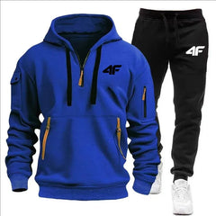 Men's tracksuit zipper hood multi-pocket and protective pants