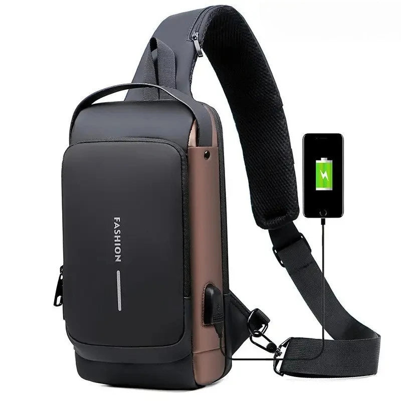 Men's Anti theft Lock Chest Bag with USB Charging Shoulder Strap