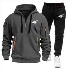 Men's tracksuit zipper hood multi-pocket and protective pants